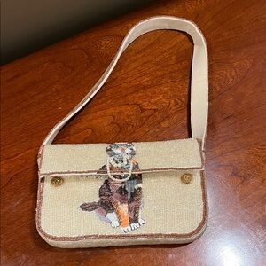 Anthropologie Beige Shoulder Bag with Cat  Embroidery